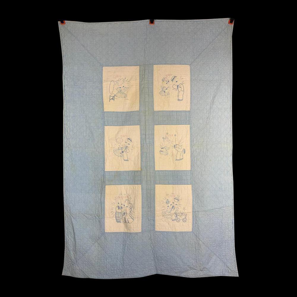 1920s Blue & White Embroidered Kit Quilt with White Cat Motifs