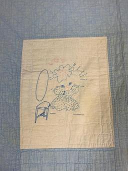 1920s Blue & White Embroidered Kit Quilt with White Cat Motifs