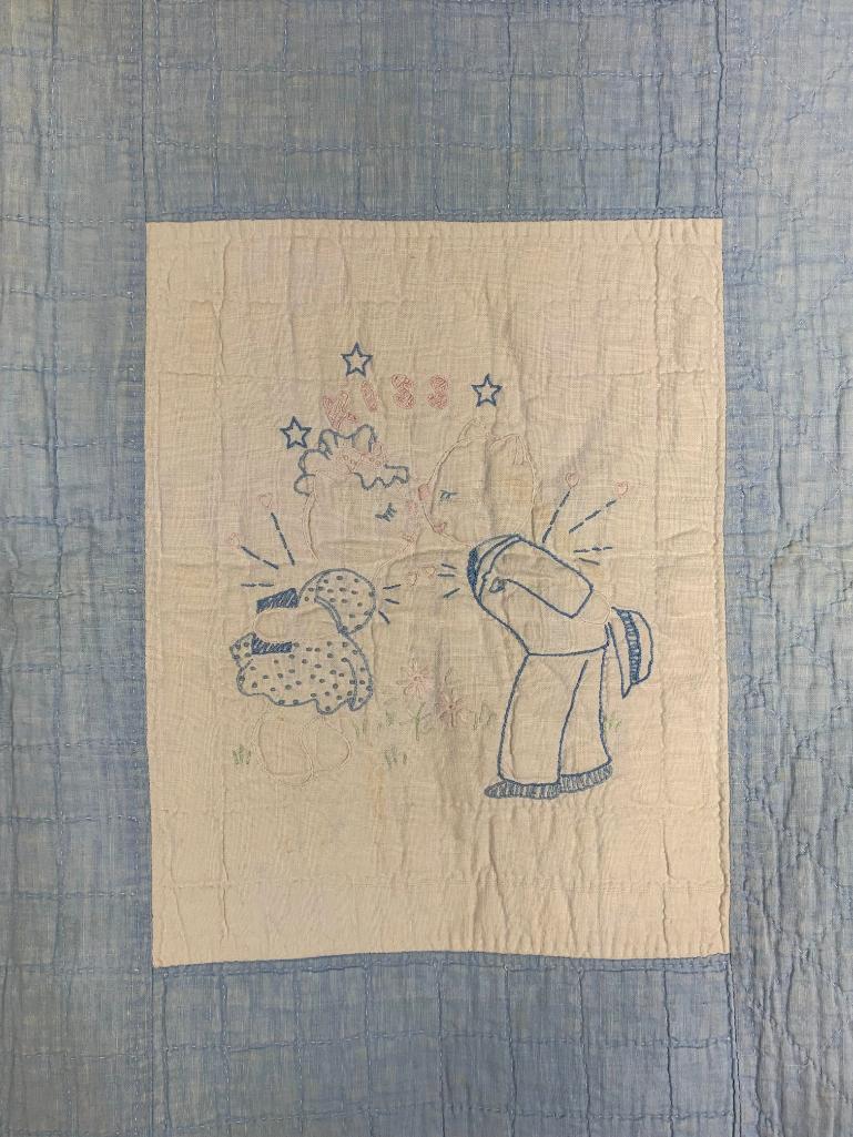 1920s Blue & White Embroidered Kit Quilt with White Cat Motifs