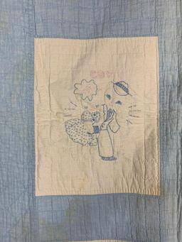 1920s Blue & White Embroidered Kit Quilt with White Cat Motifs