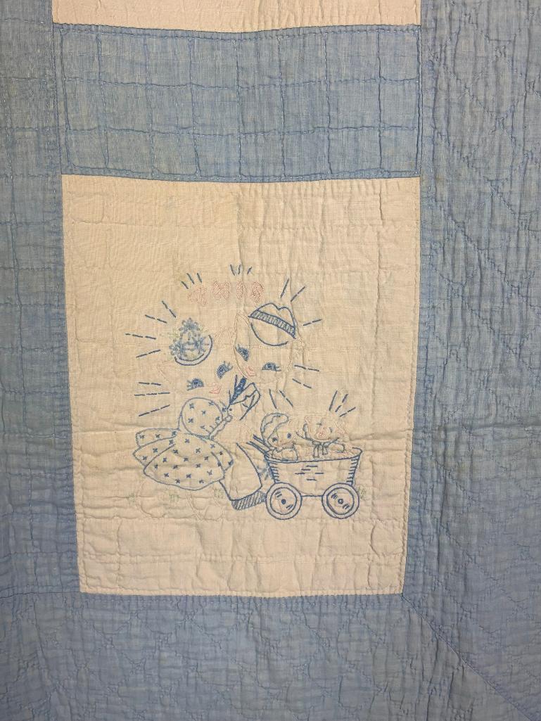 1920s Blue & White Embroidered Kit Quilt with White Cat Motifs