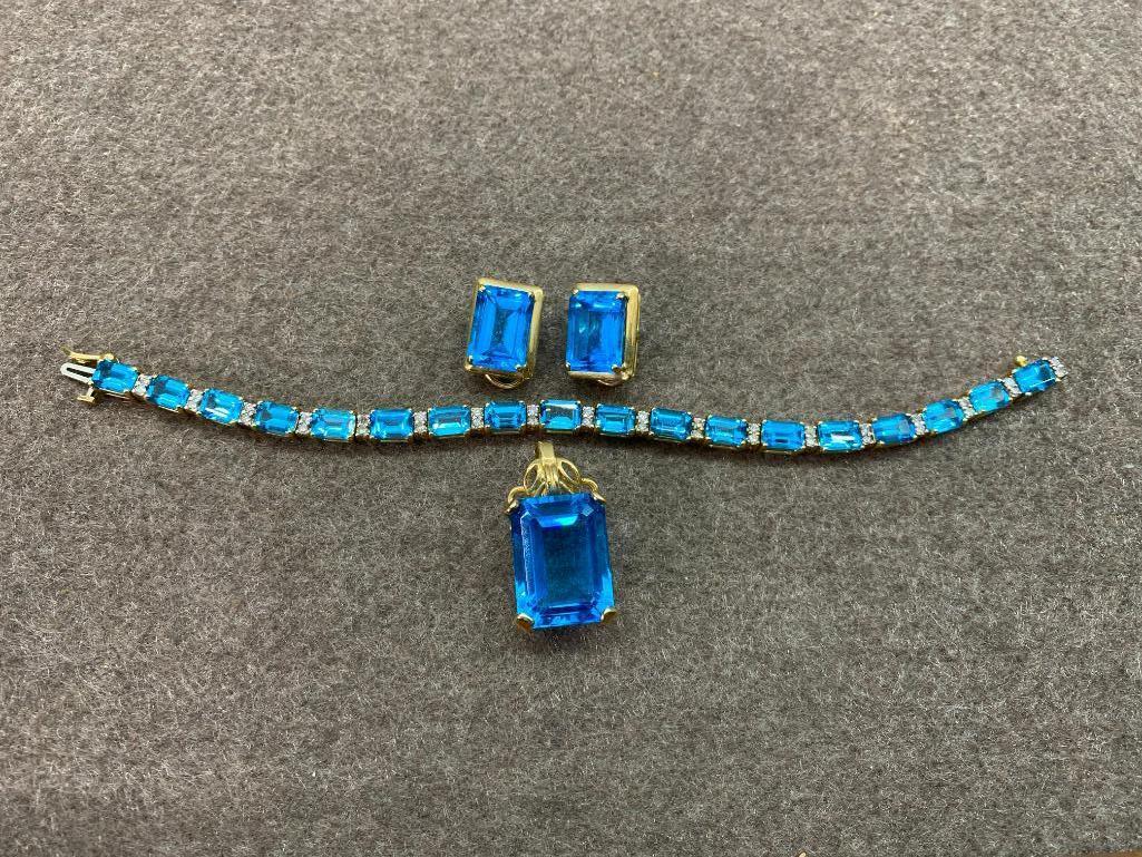 14k Gold Bracelet, Earrings, Pendant Set - 42.5 grams. Topaz