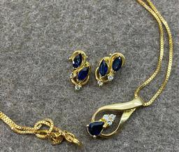 14k Gold Diamond Sapphire Earrings, Necklace 7.6 grams