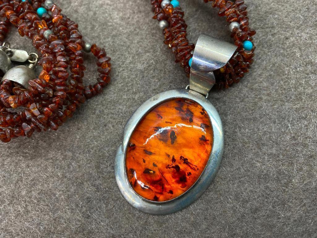 Sterling Silver & Amber Pendant with Amber, Turquoise Bead Chain