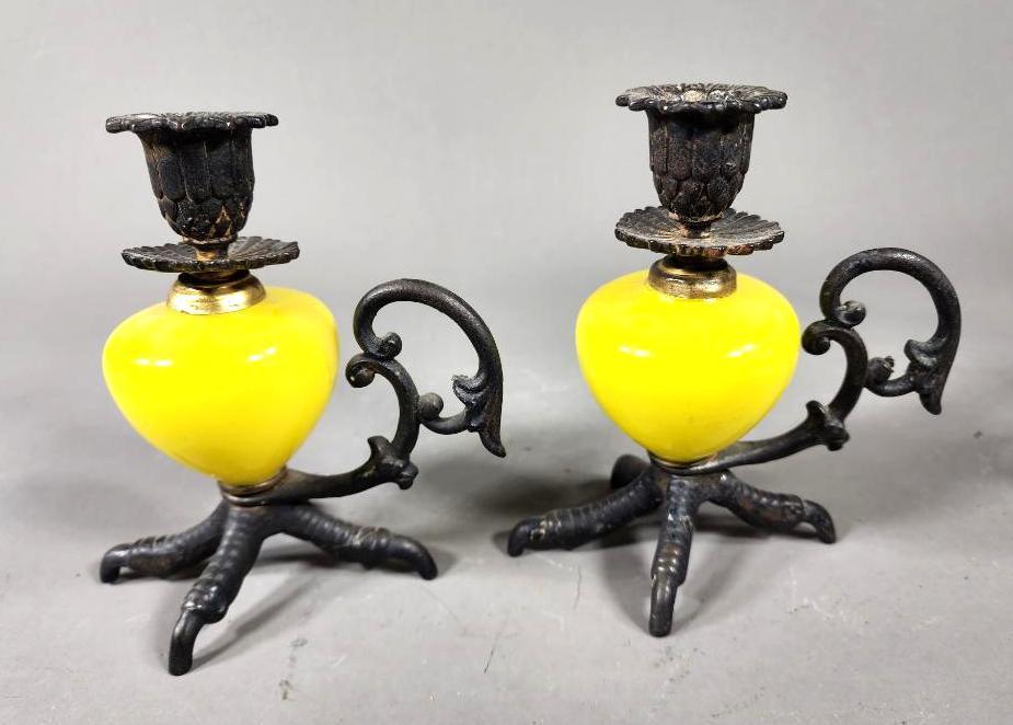 Pair of Antique Bird Foot Candle Holders - Cast Iron/Yellow Glass