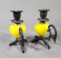 Pair of Antique Bird Foot Candle Holders - Cast Iron/Yellow Glass