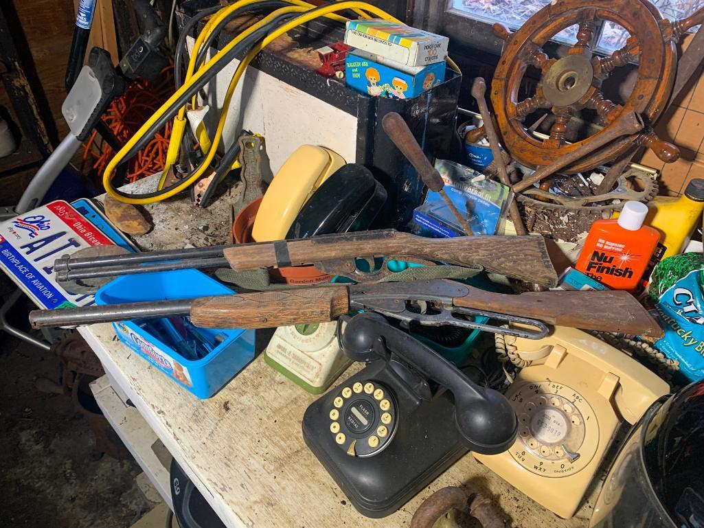 Garage Cleanout - Workbench Cleanout, Tools, Air Tank, Vintage Telephones, Vintage Webbed Lawn Chair