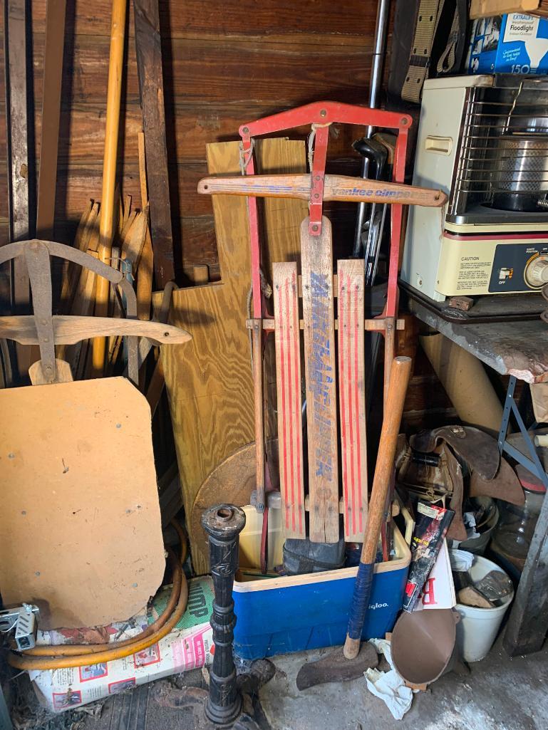 Garage Cleanout - Workbench Cleanout, Tools, Air Tank, Vintage Telephones, Vintage Webbed Lawn Chair