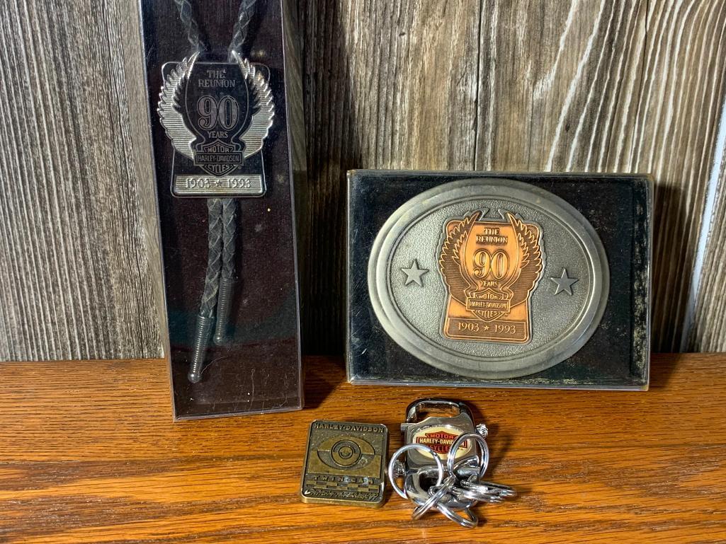 The 90th Reunion Harley Davidson Bolo Tie, Belt Buckle & Harley Davidson Key Chain & Pin