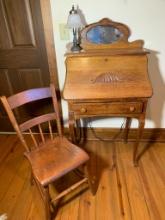 Antique Secretary Desk, Chair & Lamp