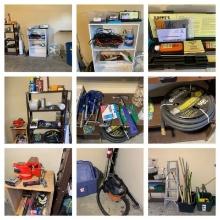 Garage Area Contents - Shelves, Tools, Vise, Hose, C-Clamps,
