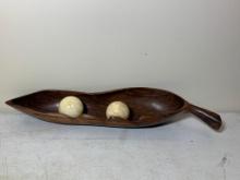 Wooden Pea Pod Mid Century Dish with Marble Balls