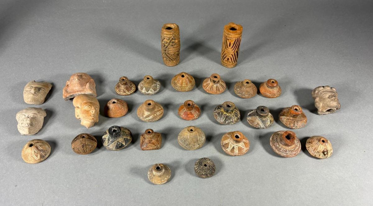 Large Group Pre Columbian Carved Faces, Spindle Whorls & Beads