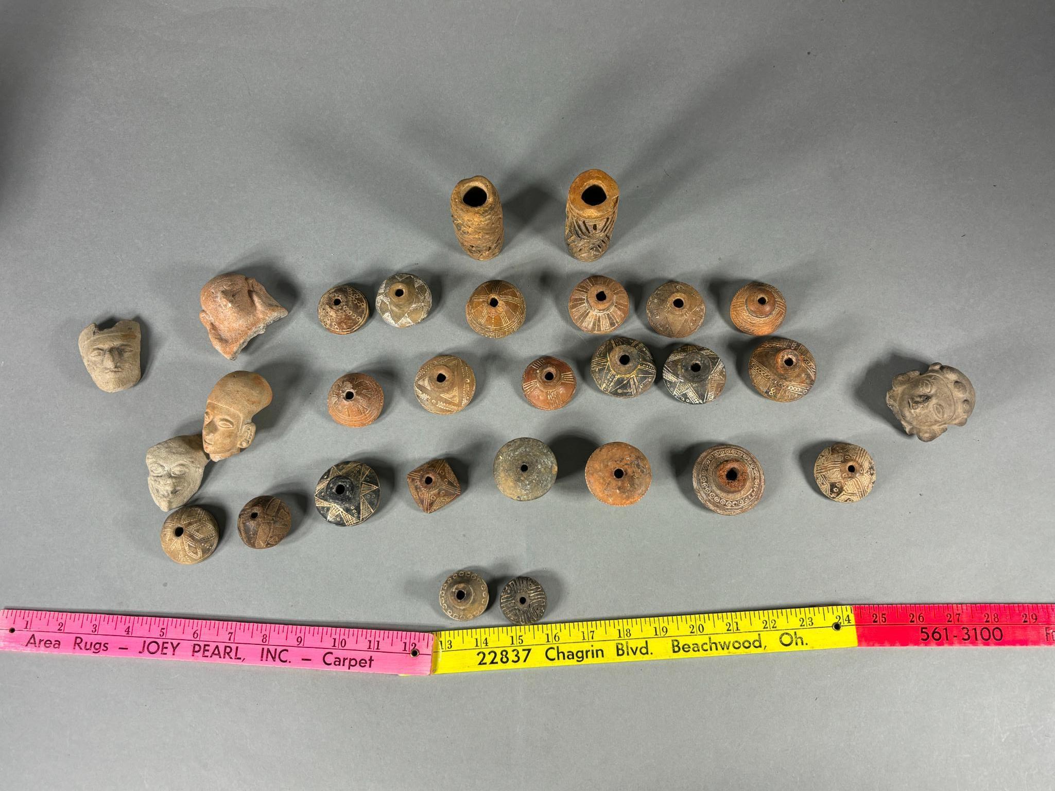 Large Group Pre Columbian Carved Faces, Spindle Whorls & Beads