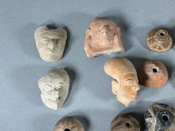 Large Group Pre Columbian Carved Faces, Spindle Whorls & Beads