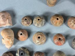 Large Group Pre Columbian Carved Faces, Spindle Whorls & Beads