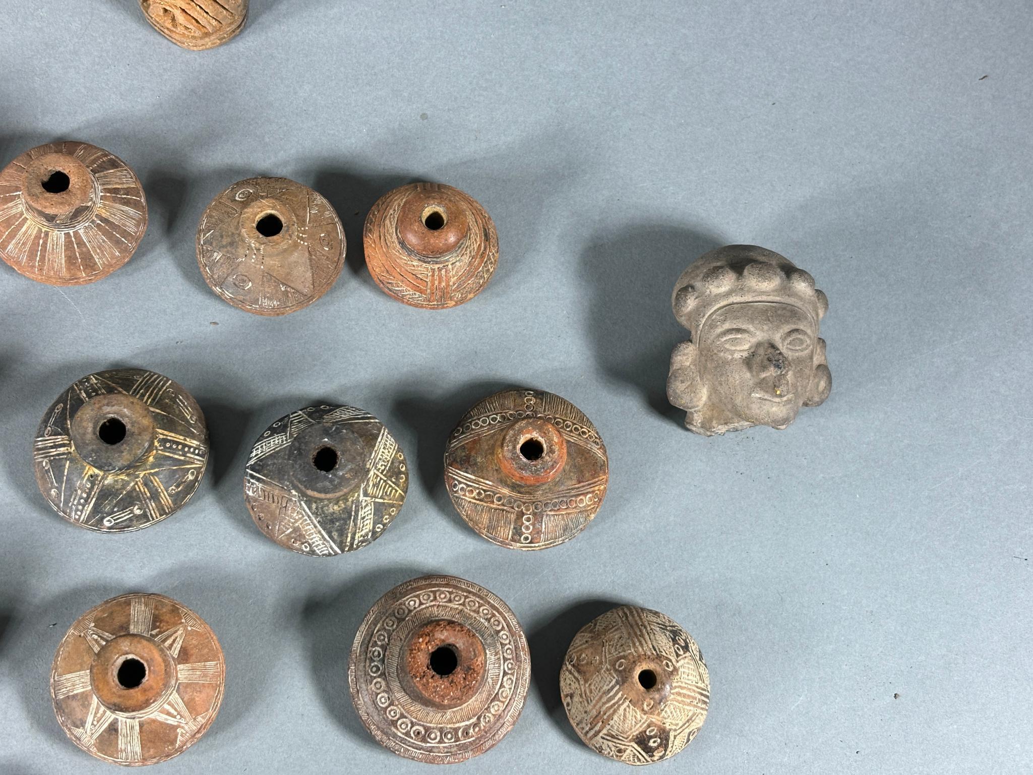 Large Group Pre Columbian Carved Faces, Spindle Whorls & Beads