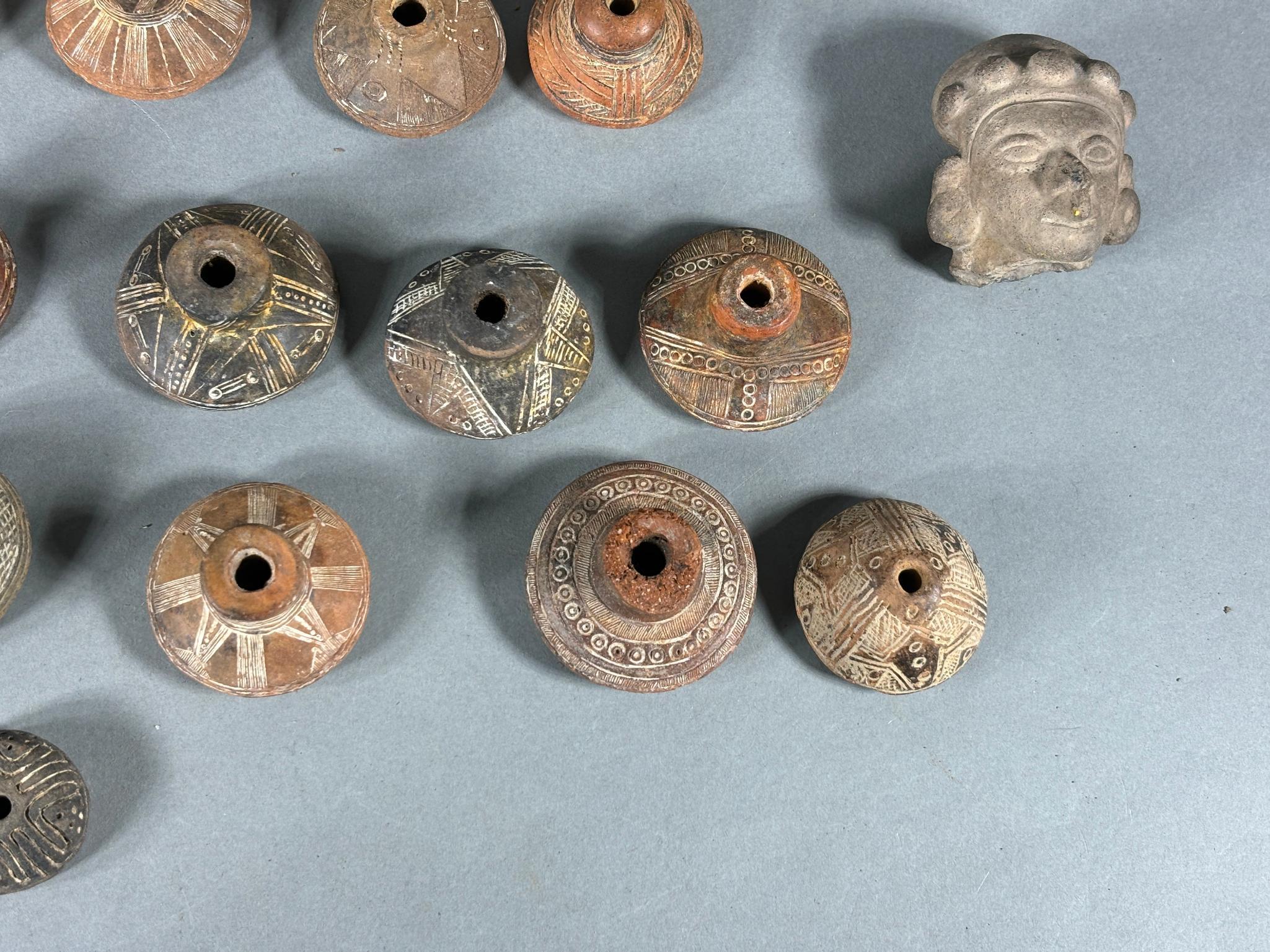 Large Group Pre Columbian Carved Faces, Spindle Whorls & Beads