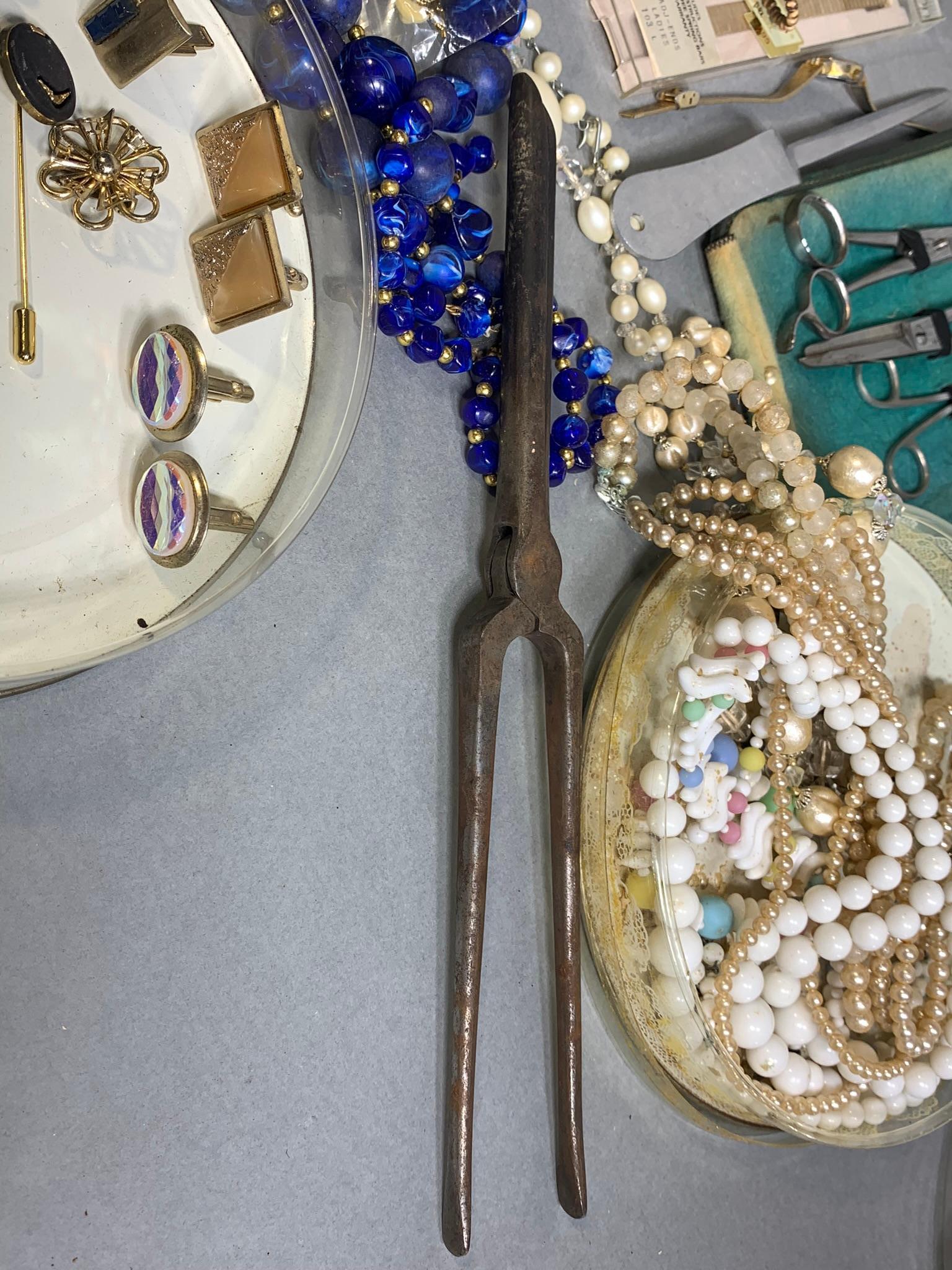 Costume Jewelry, Buttons, Vintage Curling Iron & Scissor Set