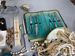 Costume Jewelry, Buttons, Vintage Curling Iron & Scissor Set