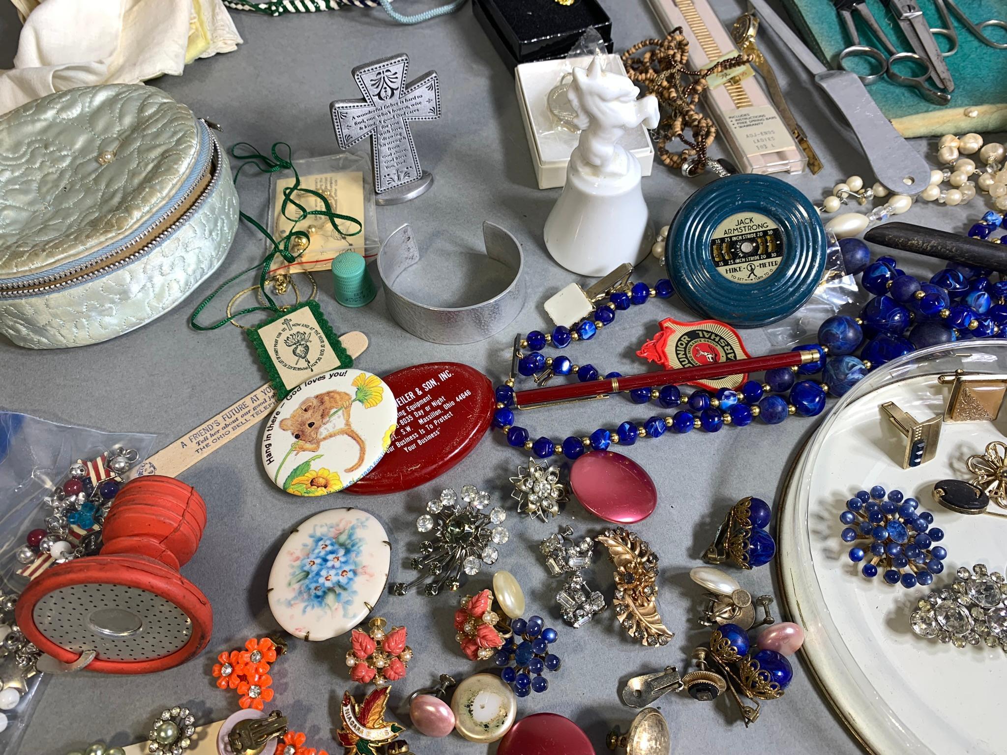 Costume Jewelry, Buttons, Vintage Curling Iron & Scissor Set