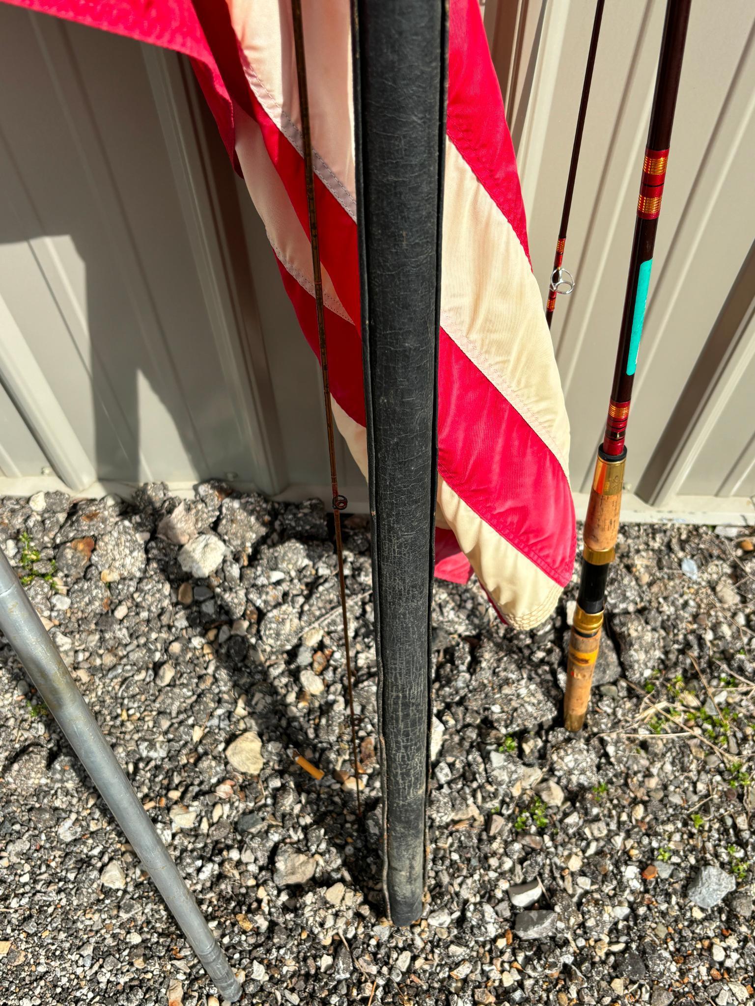 Heddon Global Fast Taper Fishing Pole, Two Vintage Porch Flags with Eagle Toppers