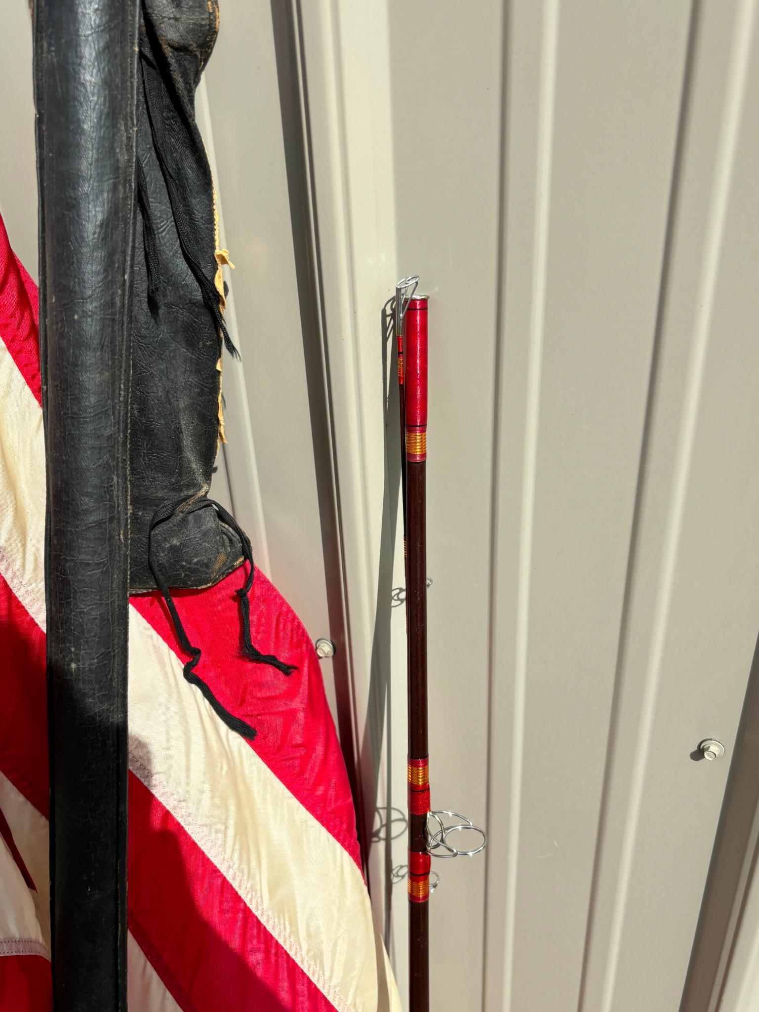 Heddon Global Fast Taper Fishing Pole, Two Vintage Porch Flags with Eagle Toppers