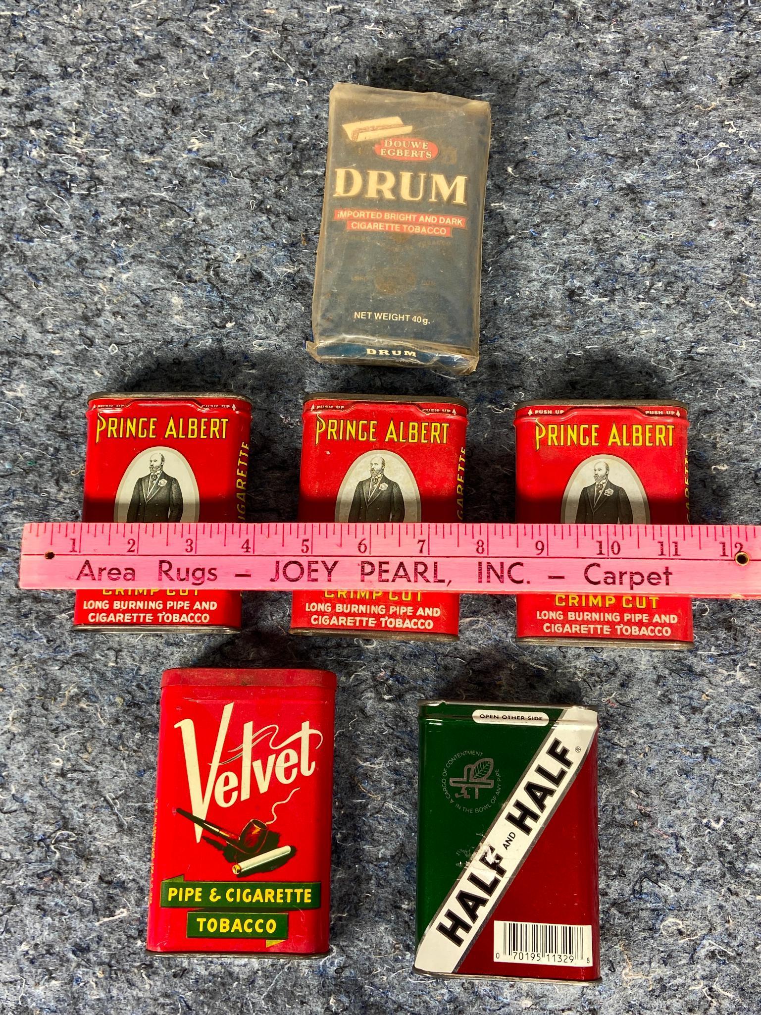6 Vintage Tobacco Can including Prince Albert Velvet, Half and Half, and Drum