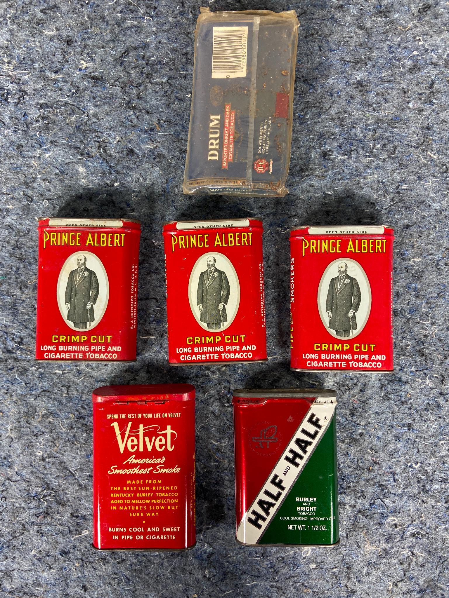 6 Vintage Tobacco Can including Prince Albert Velvet, Half and Half, and Drum