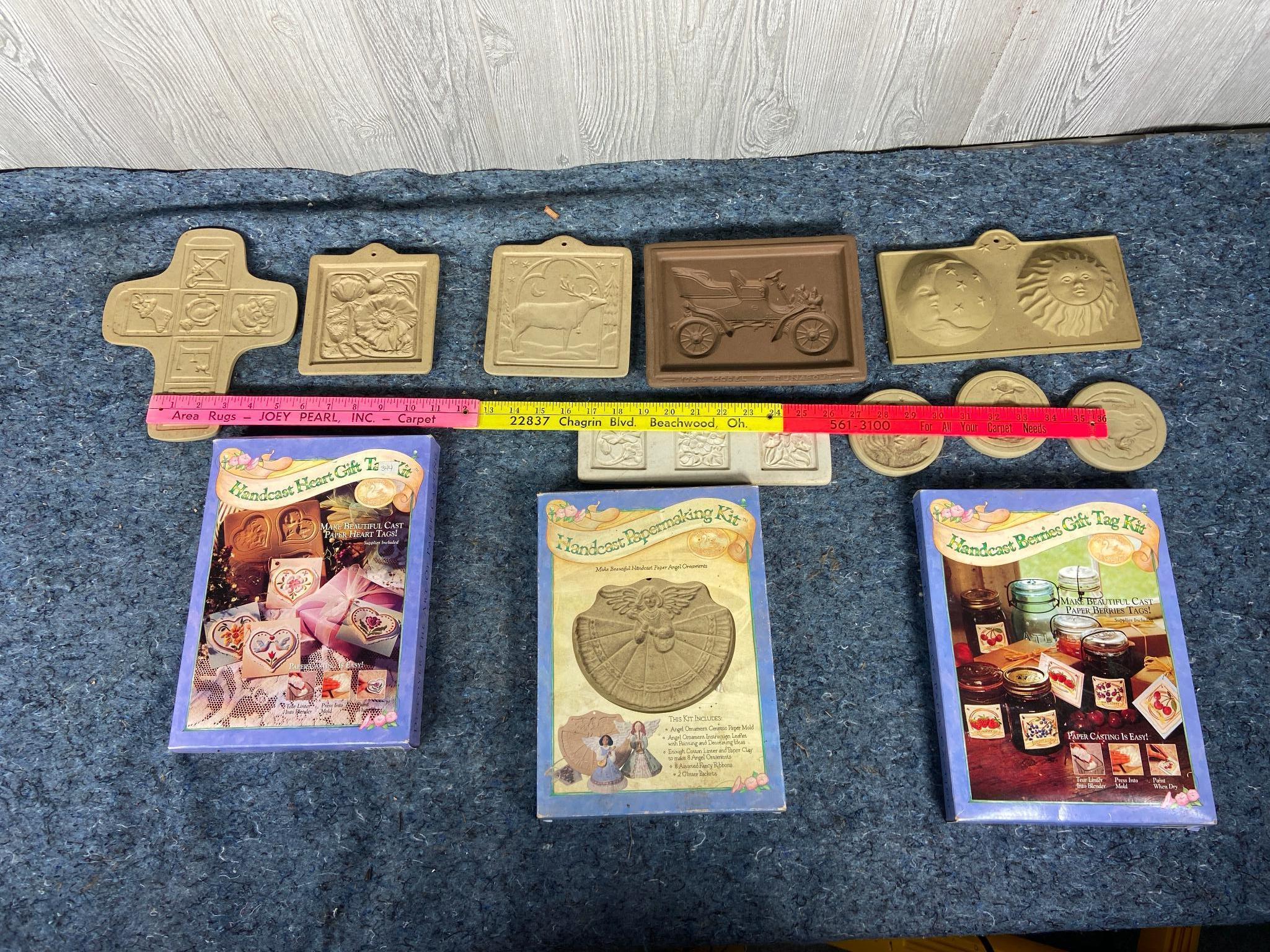 9 Vintage Cookie Molds and 3 Handcast Tags and Ornament