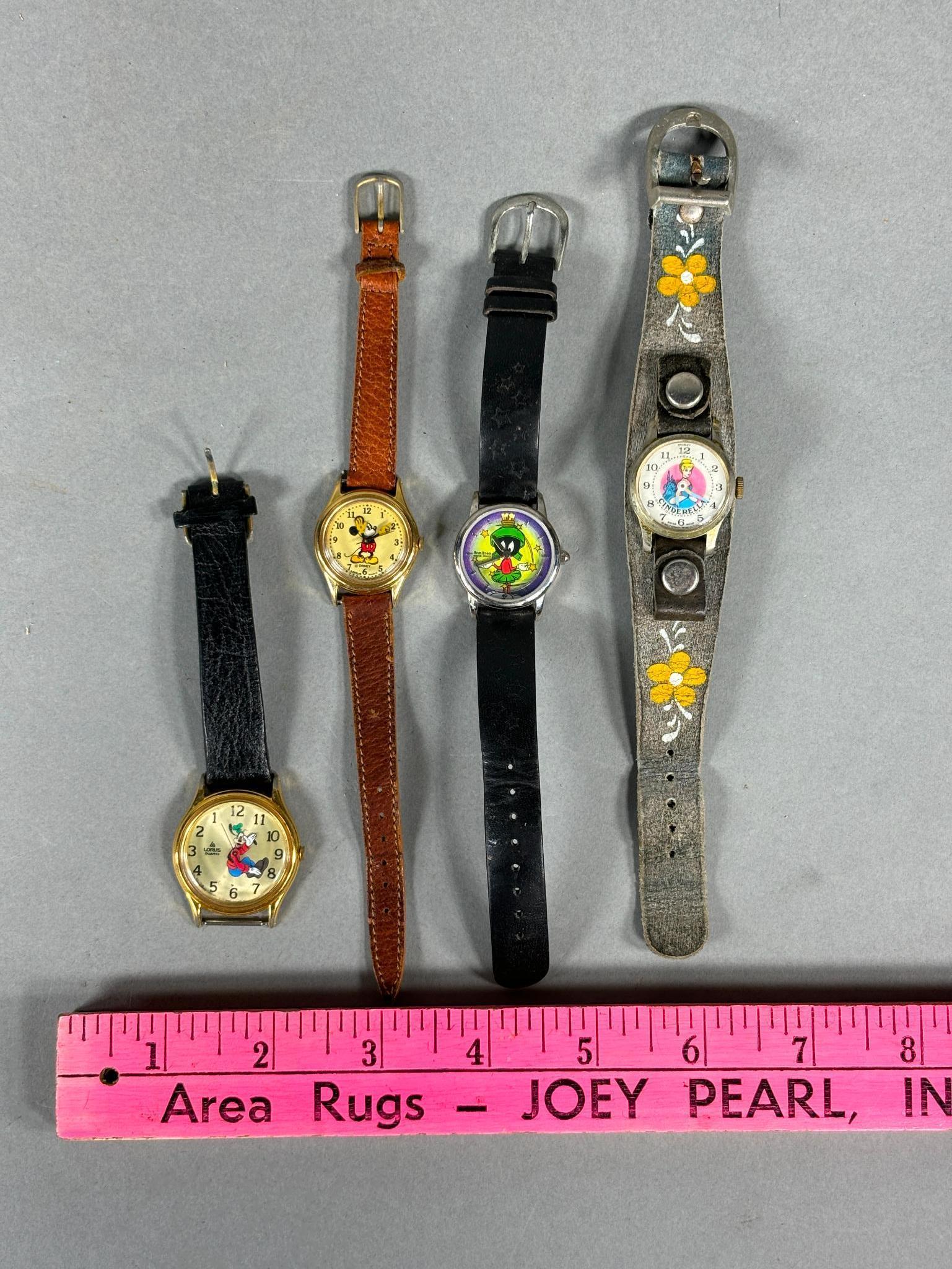 4 Vintage Watches including Mickey Mouse, Goofy, Cinderella, and Marvin The Martian