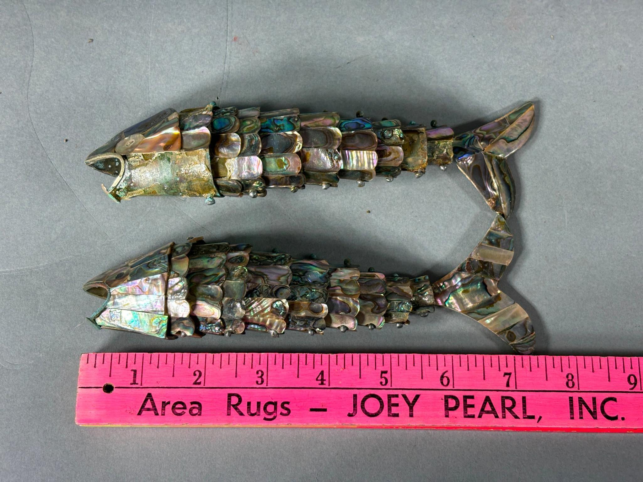 Two Unusual Retro Vintage Articulated Mexican Shell Abalone Fish