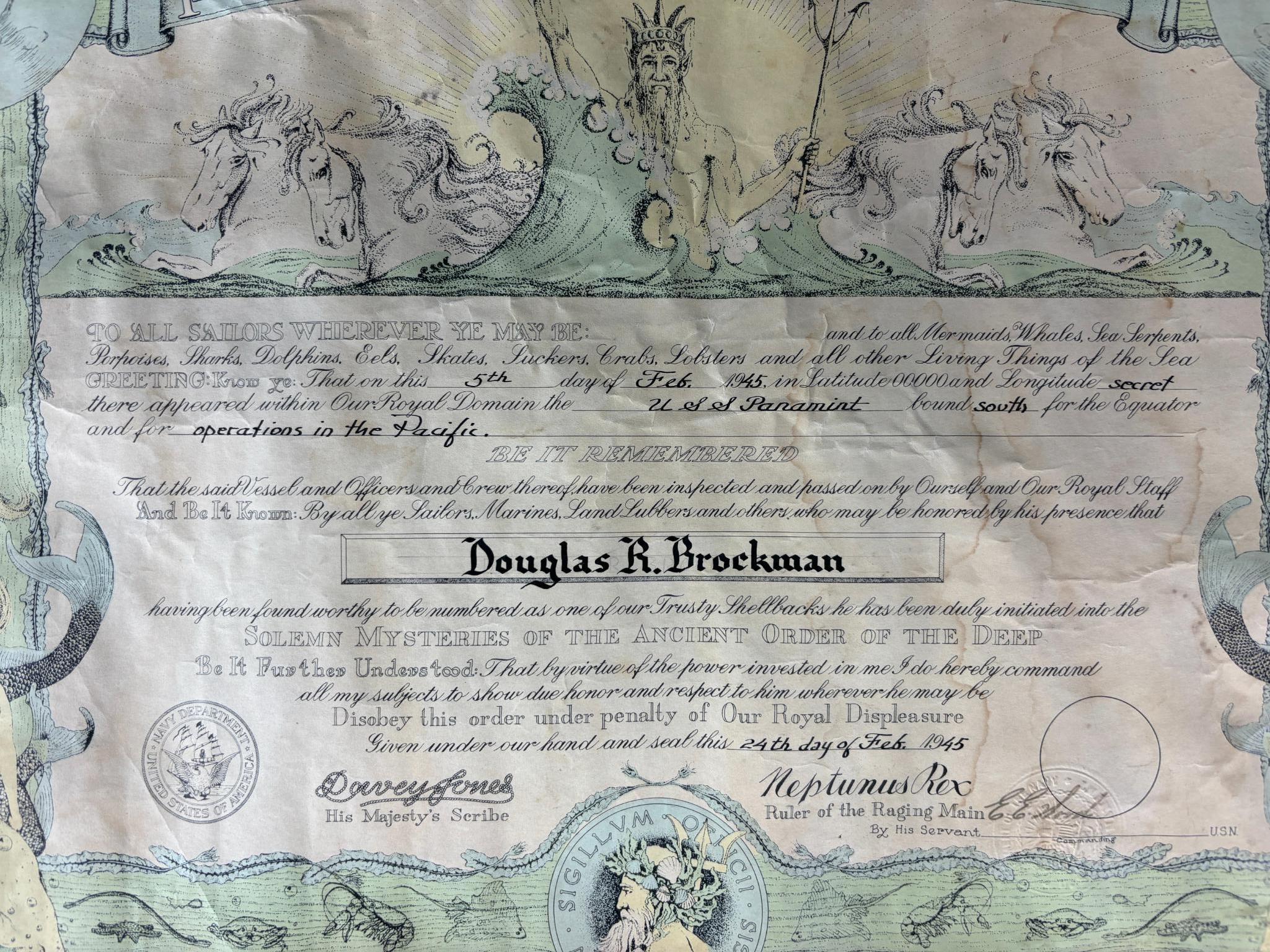 WWII Era Crossing the Equator Navy Military Document USS Panamint