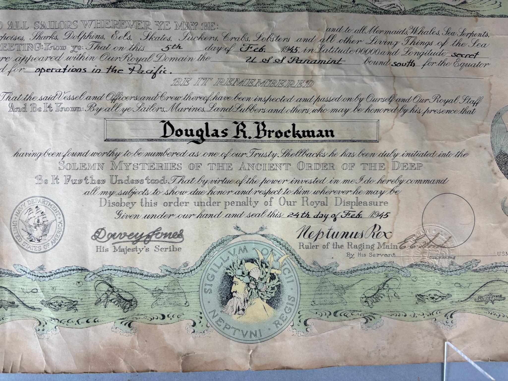 WWII Era Crossing the Equator Navy Military Document USS Panamint