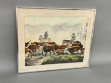 Vintage Framed Watercolor Painting Cowboys, Cattle