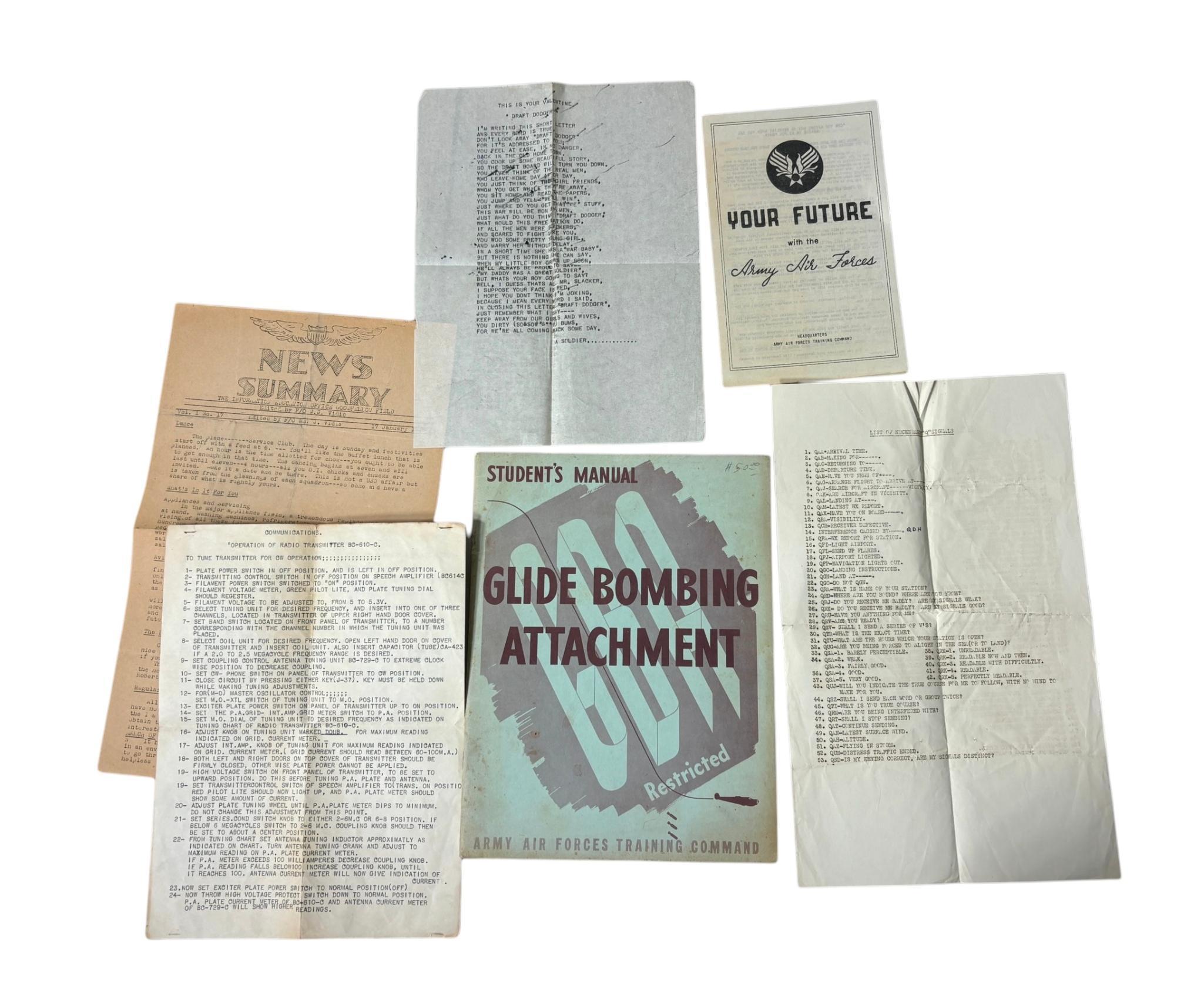 WW2 AAF RESTRICTED TRAINING MANUALS GLIDE BOMBING ATTACHMENT, WIND DRIFT, MISC. EPHEMERA