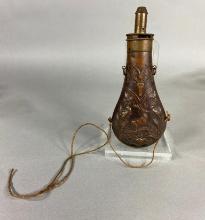 19TH C AMERICAN FLASK & CAP CO. GUN POWDER FLASK WITH STAG FOX DEER