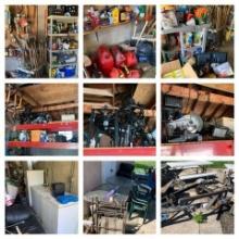 Garage and Outdoor Area Contents - Tools, Shelving, Hardware, Fryers,