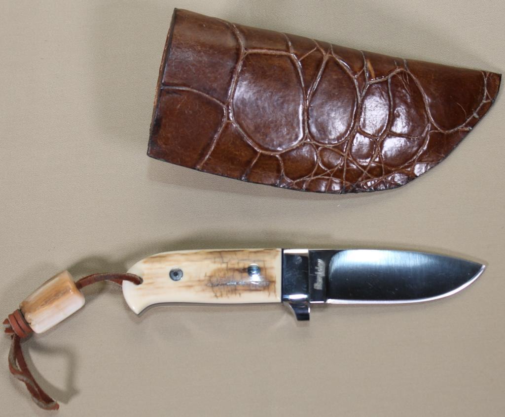 Bardsley custom fixed blade knife approx. 3.25",blade in elephant hide sheath