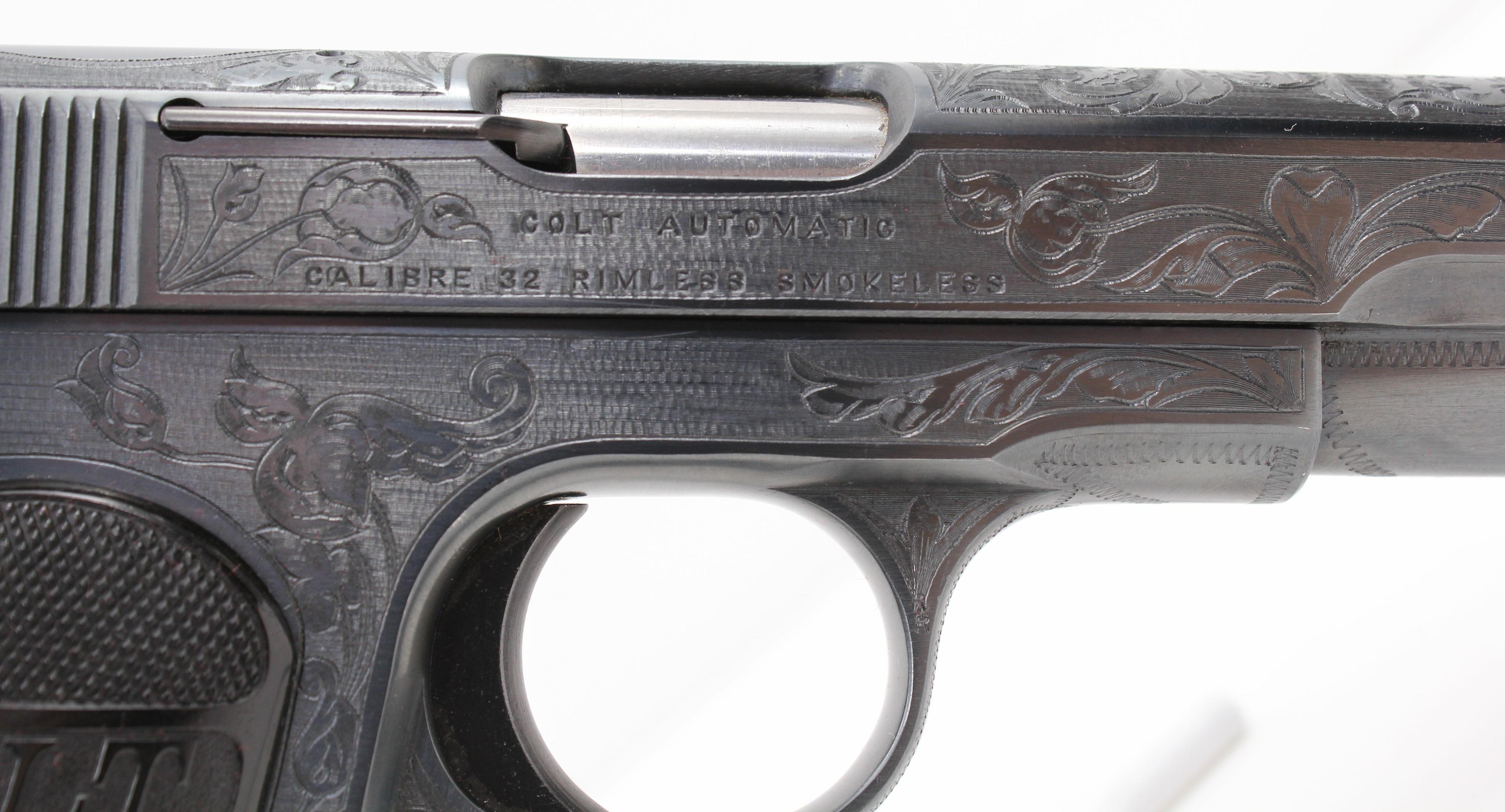 Exceptional Engraved Colt, Model 1903 Hammerless Pocket Automatic, .32 Colt,