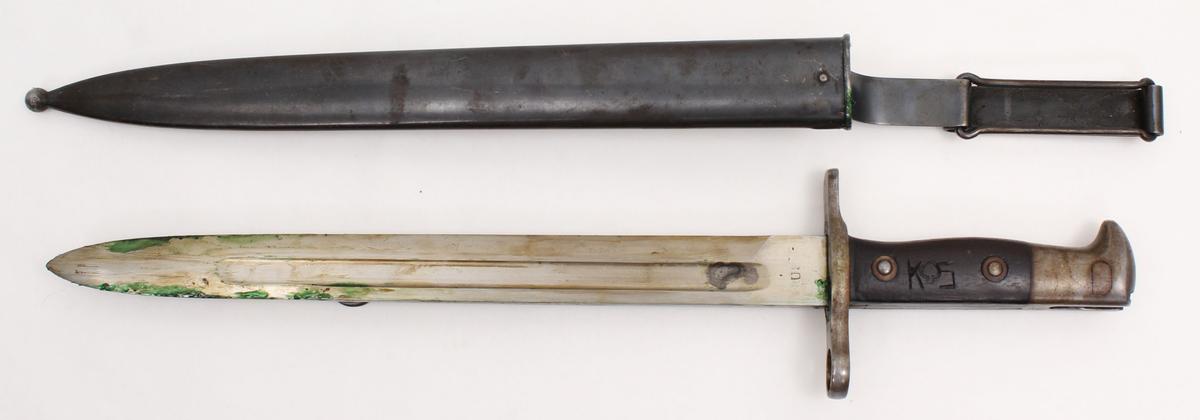 U.S. Model 1892 Krag Jorgensen rifle bayonet dated 1898 with an 11.5" blade, metal sheath and hanger