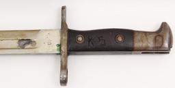 U.S. Model 1892 Krag Jorgensen rifle bayonet dated 1898 with an 11.5" blade, metal sheath and hanger