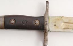 U.S. Model 1892 Krag Jorgensen rifle bayonet dated 1898 with an 11.5" blade, metal sheath and hanger