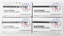 .45 automatic ammunition, (4) boxes, Winchester, 230 grain, FMJ, 50 rounds per box,