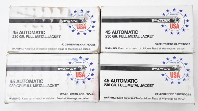 .45 automatic ammunition, (4) boxes, Winchester, 230 grain, FMJ, 50 rounds per box,