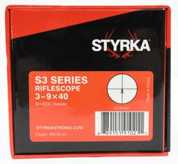 Styrka S3 Series 3-9x40 rifle scope, SH-BDC Reticle ST-91021, open box with original cover,