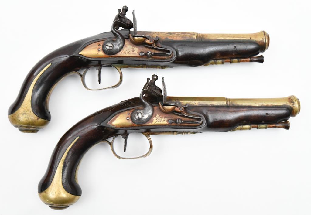 * Cased set of LeFeure et Fils, Brass barreled Blunderbuss pistols, .593" diameter bores,