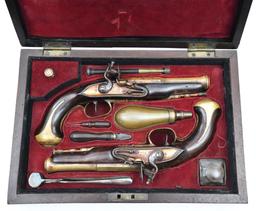 * Cased set of LeFeure et Fils, Brass barreled Blunderbuss pistols, .593" diameter bores,