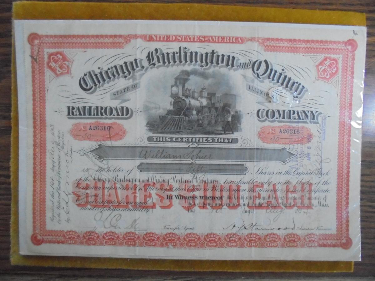 CHICAGO BURLINGTON & QUINCY RAILROAD CO. STOCK CERTIFICATE