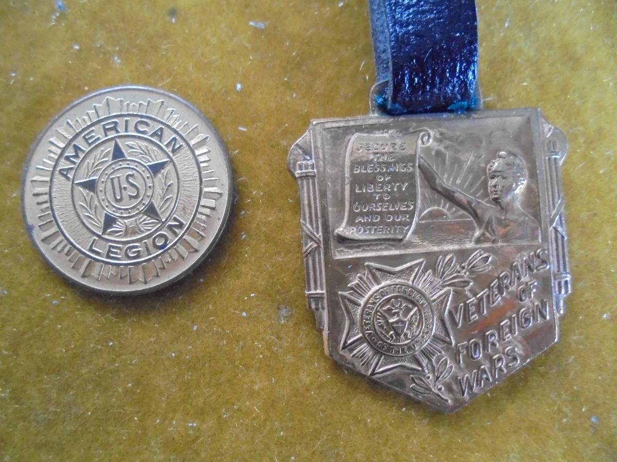 OLD AMERICAN LEGION TOKEN AND A VFW WATCH FOB WITH GOOD LEATHER